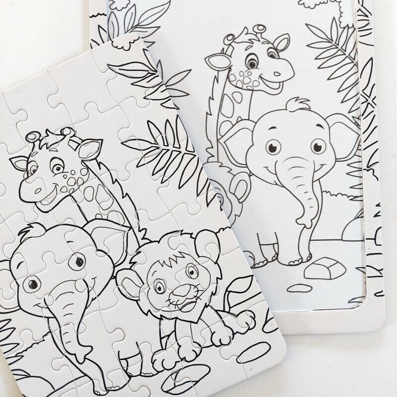 Puzzle Zoo zum Ausmalen mit Elefant Giraffe und Löwe